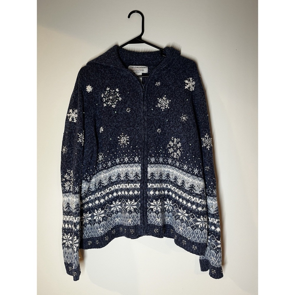 Heirloom Collectibles Sweater Women's 1X Blue Full‎ Zip Christmas Knit Snowflake